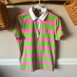 Ralph Lauren Active Pink and Green Striped Collared Shirt L Pickleball Tennis